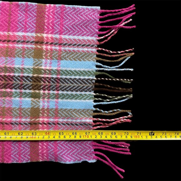 Cashmere Scarf Pink Blue Plaid Fringe Made in Germany Chevron Hand Tailored - Picture 5 of 5